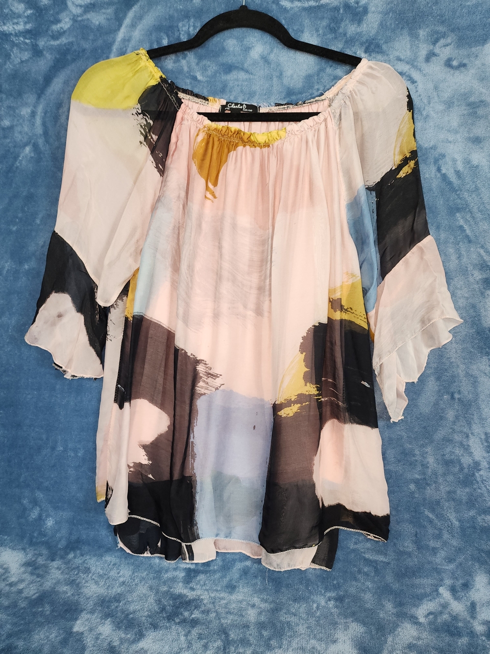 CHARLIE B Off-Shoulder Tunic in Light Pink, Yellow, Black and Blue